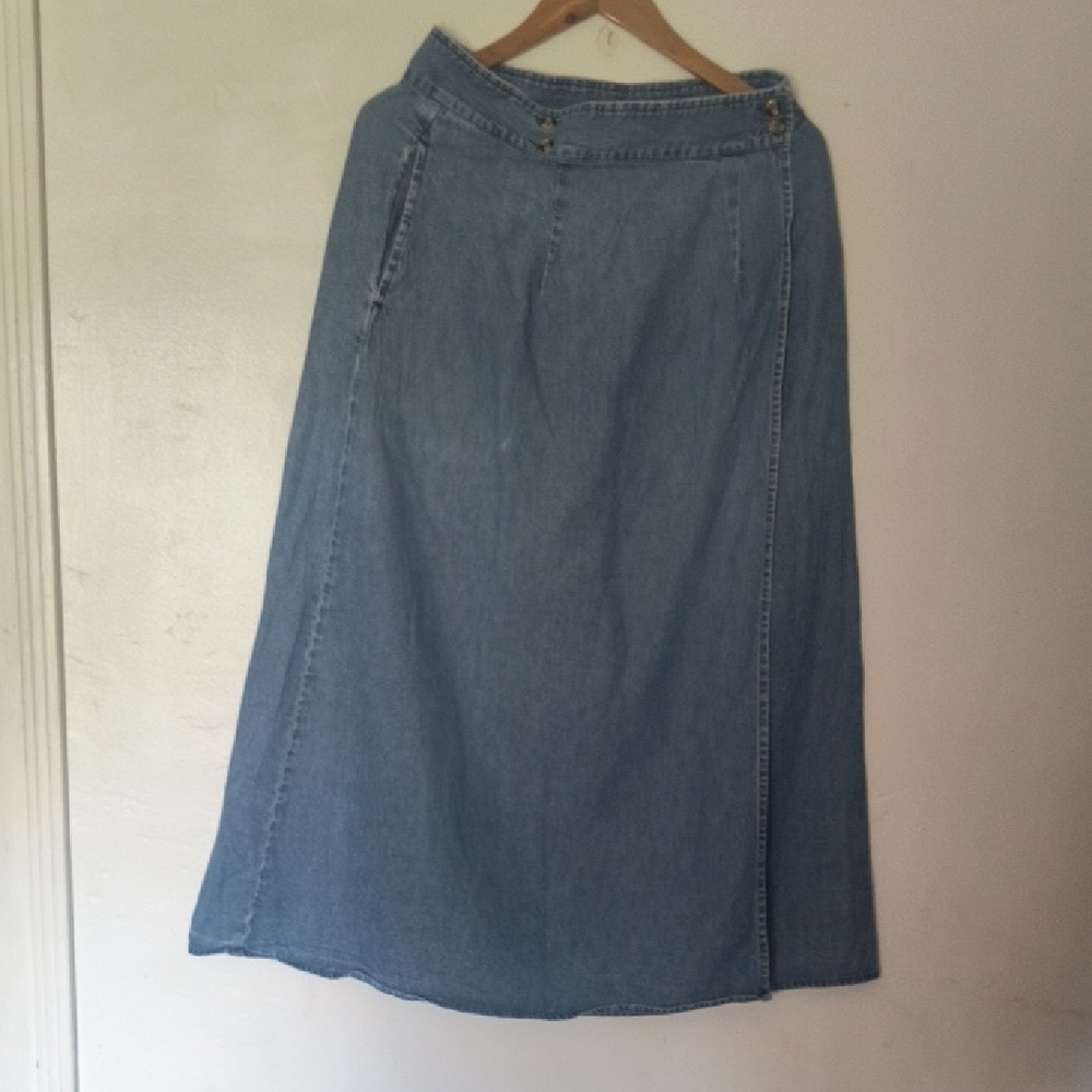 Vintage TravelSmith Blue Denim Midi Wrap Skirt Sz 12 Women